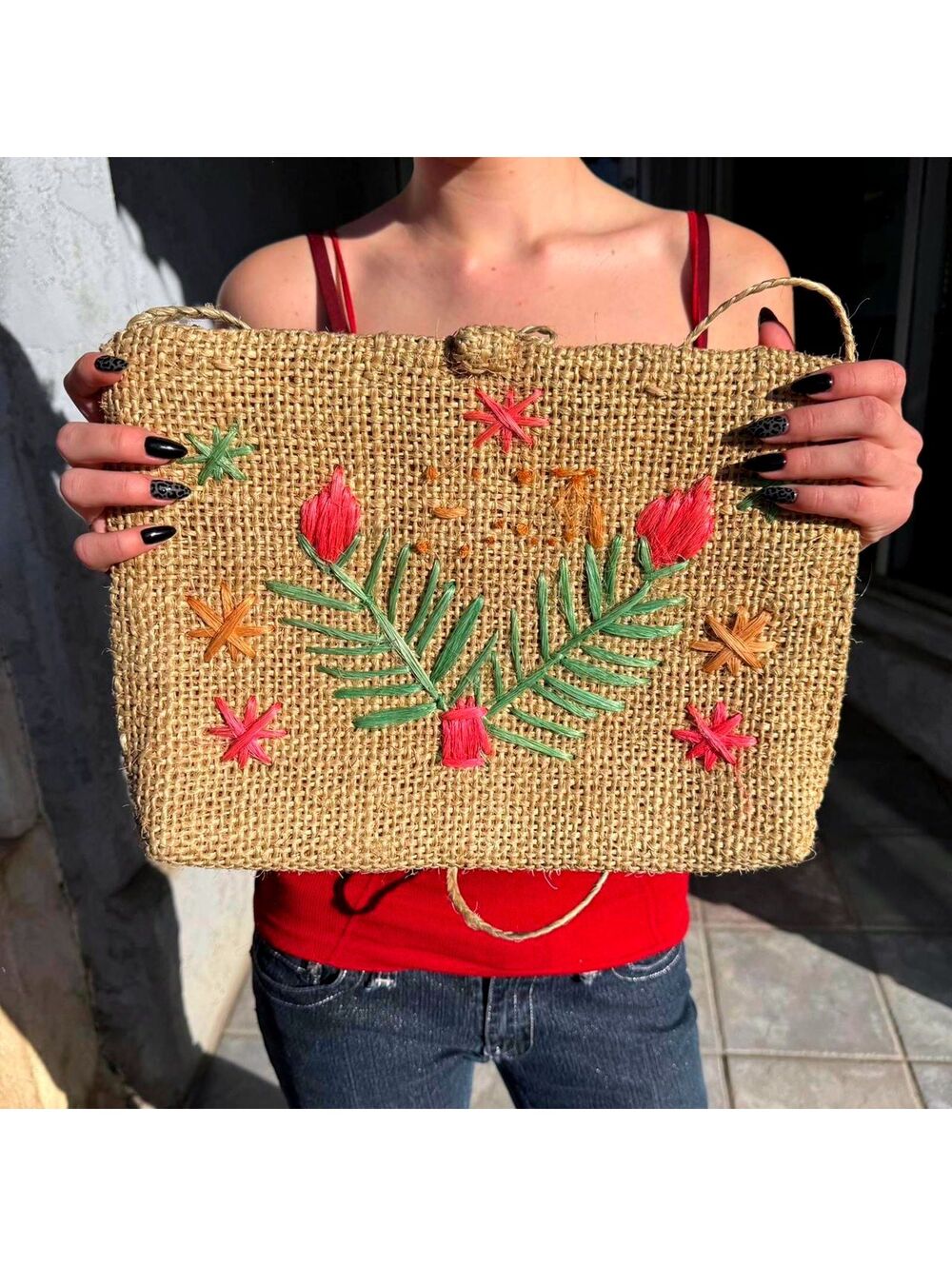 Vintage Burlap Floral Embroidered Shoulder Bag | Boho Folk Purse